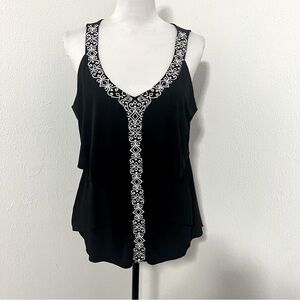 White House Black Market Womens Large Black Embroidered Sleeveless Tiered Blouse